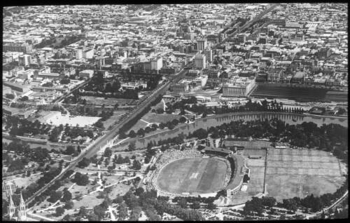 Aerial view of Adelaide Oval and Adelaide city, 1936/37 Marylebone Cricket Club (MCC) tour of Australia [transparency]
