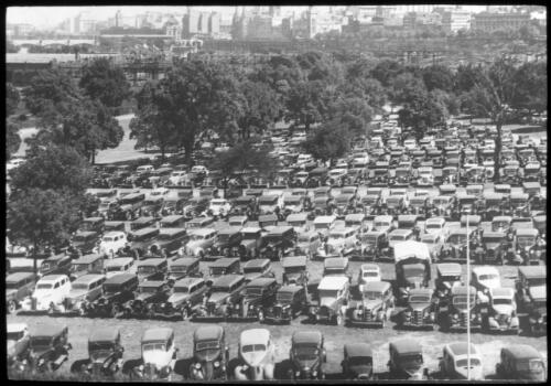 Melbourne Cricket Ground carpark full of cars, 1936/37 Marylebone Cricket Club (MCC) tour of Australia [transparency]
