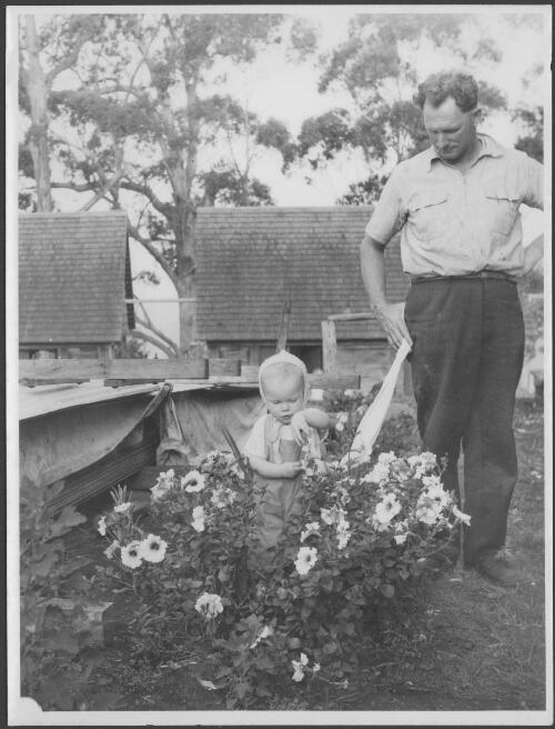 Arthur Groom with daughter, Linda, Binna Burra Lodge, [Queensland], ca. 1952 [picture] / Arthur Groom