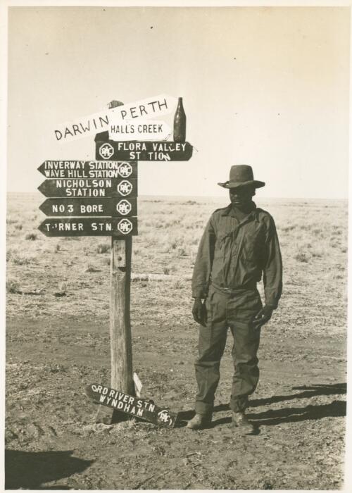 Mosquito and a signpost [Queensland, 1952] [picture] / Arthur Groom
