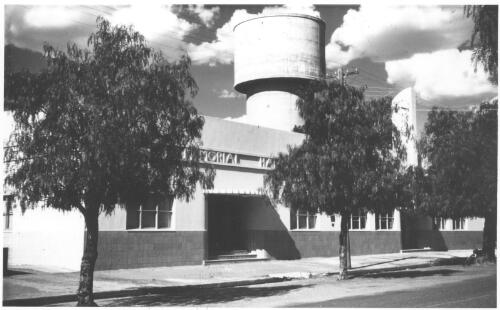 Town water tower above Memorial Hall, Lockhart, 1959 [picture] / W. A. Bayley