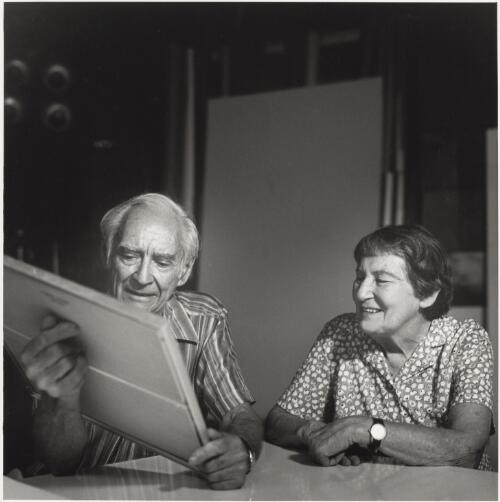 Max Dupain with Olive Cotton in Artarmon Studio, 1990 [picture] / Jill White