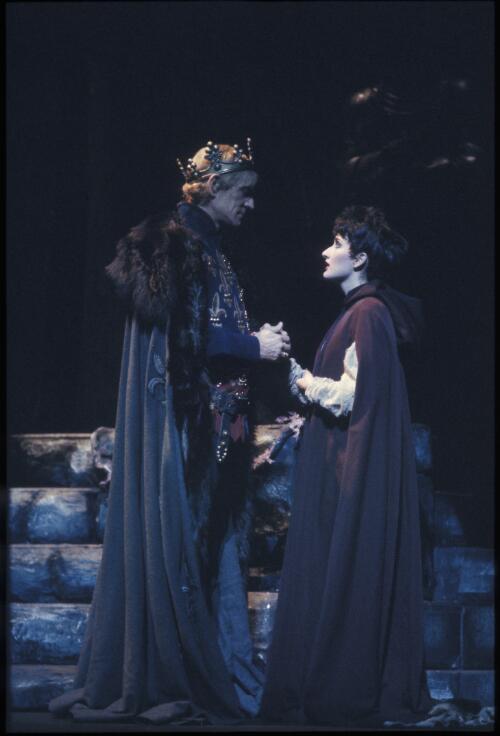 [Portrait of Richard Harris as King Arthur and Marina Prior as Guinevere in Camelot, Sydney Entertainment Centre, August 1984] [transparency] / Don McMurdo