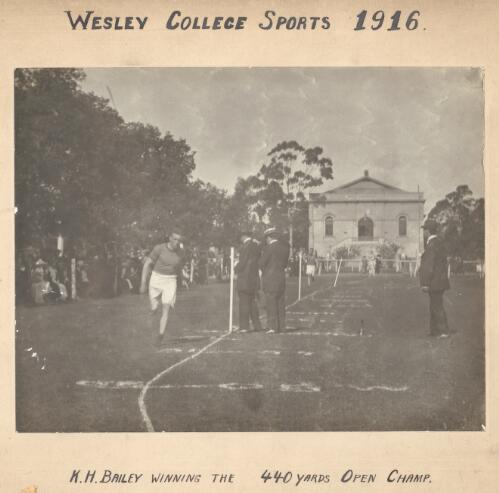 Wesley College sports 1916, K. H. Bailey winning the 440 yards open champ. [picture]