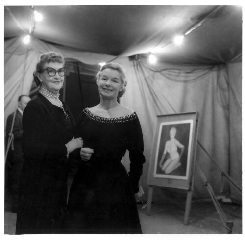 Portrait of Grace Sorlie and Mrs Bobby Le Brun at the entrance to Sorlie's Travelling Vaudeville Show [picture] / Jeff Carter