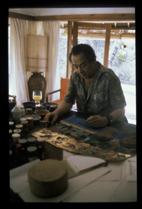 Donald Friend in one of the houses on his property, Bali, 1975, 3 [transparency] / Ross Dearing