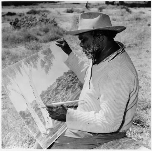 Benjamin Laudara, one of the "Aranda School" of painters who grew up around Namatjira, near Alice Springs, Northern Territory, 1966 [picture] / Robin V. F. Smith