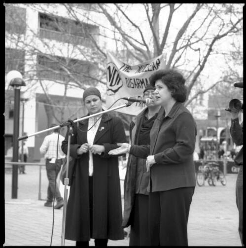 Photograph of Diane Abdel Rachman speaking at the Rally for Peace held in Garema Place, 20 September, Canberra, 2001 [picture] / Loui Seselja