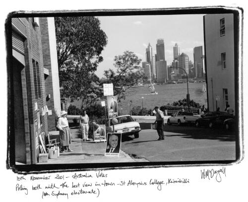 Polling booth with the best view in town, St Aloysius College, Kirribilli (Nth Sydney electorate), 10th November 2001 [picture] / Wendy McDougall