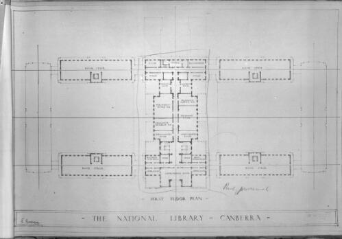 The National Library, Canberra, first floor plan [picture] / E. H. Henderson