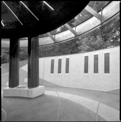 [Magna Carta Place, stone wall viewed from under the dome, Canberra, 2002] [picture] / Damian McDonald