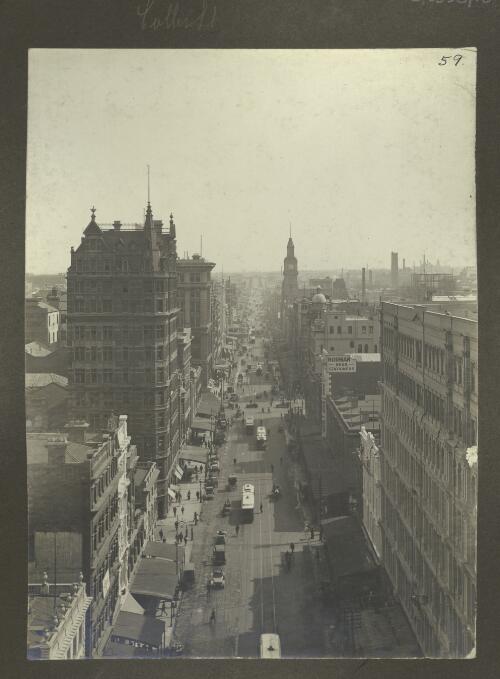 View up Elizabeth Street from the Flinders Street Station clock tower, [Melbourne, Victoria, 1] [picture]