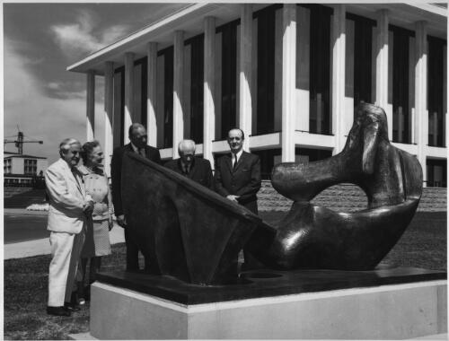 Hand-over ceremony for Henry Moore's sculpture "Two piece reclining figure no. 9" outside the Australian National Library, Canberra, February 1970 [picture] / National Capital Development Commission