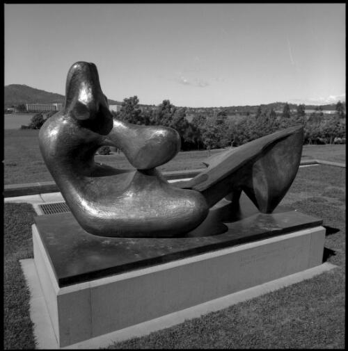Views of "Two piece reclining figure" and panorama of light poles from National Library of Australia, Canberra, October 1970 [picture] / National Library of Australia