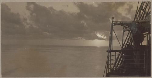 The last sunset aboard and the steamer anchored for the night off Dundas Straits [picture] / J.P. Campbell