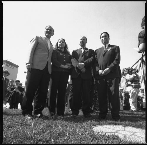 Pat Power, Amal Wazir, Athol Morris and Zikrun Badri at the rally, Action for peace, Canberra, 19 September 2001 [picture] / Loui Seselja