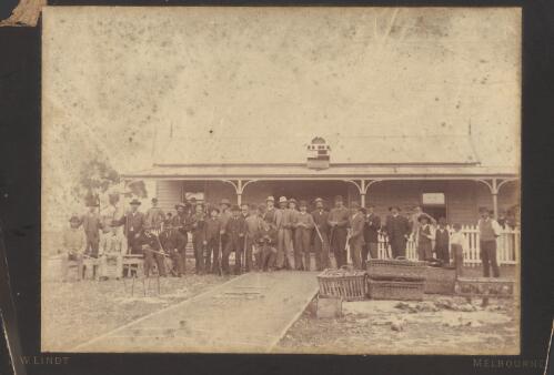 [Members of the Melbourne Gun Club in front of club house?] / J. W. Lindt