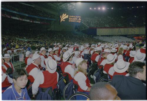 Paralympic athletes inside Stadium Australia during the Opening Ceremony, 18 October 2000 [picture] / Jim Nomarhas