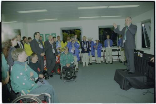 John Howard giving his official speech to the Australian Paralympic Team [Paralympic Village, 15 October 2000, 2] [picture] / Jim Nomarhas