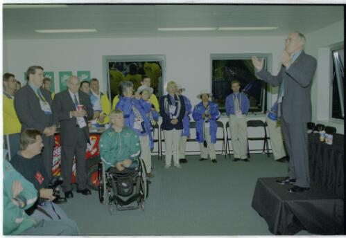 John Howard giving his official speech to the Australian Paralympic Team [Paralympic Village, 15 October 2000, 4] [picture] / Jim Nomarhas