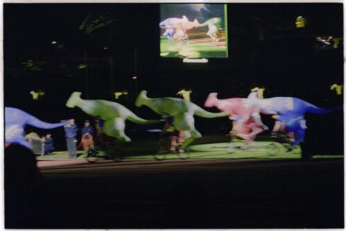 The famous kangaroos on bikes that originally appeared at the Atlanta 1996 Olympic Games [Stadium Australia, 29 October, 2000] [picture] / Jim Nomarhas