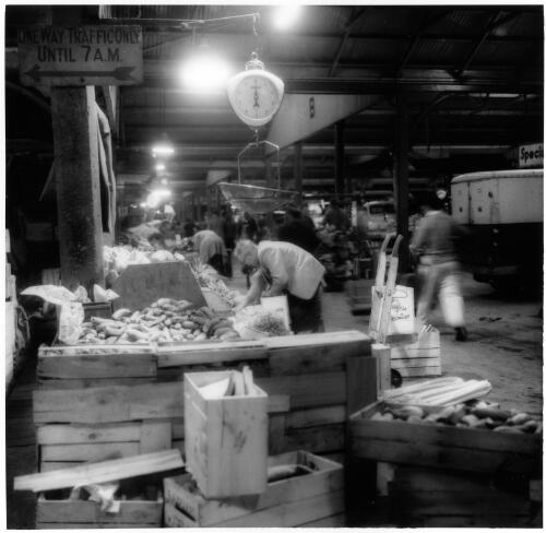 Setting up the retail fruit and vegetable stalls, Queen Victoria Markets, Melbourne, 1956 [picture] / Jeff Carter