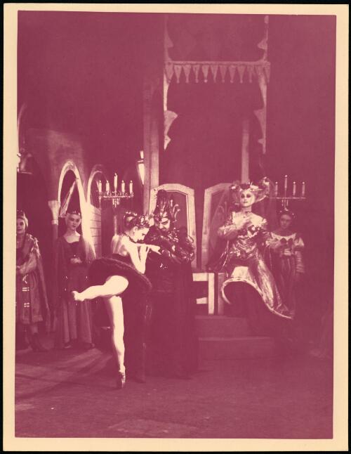National Theatre Ballet performance of Swan lake, Act 3, starring Lynne Golding as Odile, Leon Kellaway as von Rothbart and Joyce Graeme as the Queen, Princess Theatre, 1951 [picture] / Walter Stringer