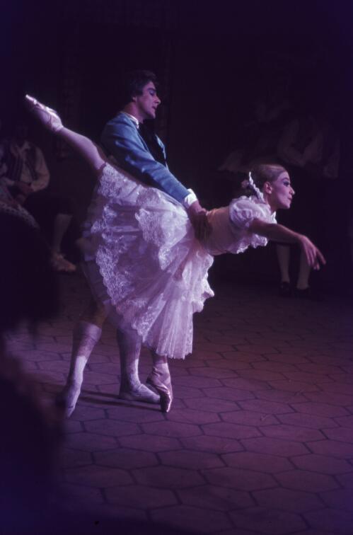 Unidentified artists of the Australian Ballet as Lise and Colas in the Australian Ballet production of La Fille mal gardee, 1970s [3] [transparency] / Walter Stringer