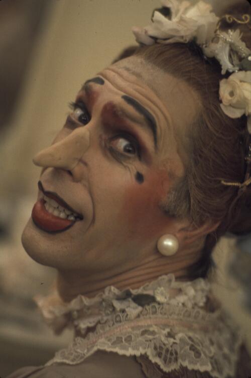 Colin Peasley in costume and make-up for the role of the younger Ugly Sister in the Australian Ballet production of 'Cinderella', Palais Theatre, Melbourne, 1973, [1] [transparency] / Walter Stringer