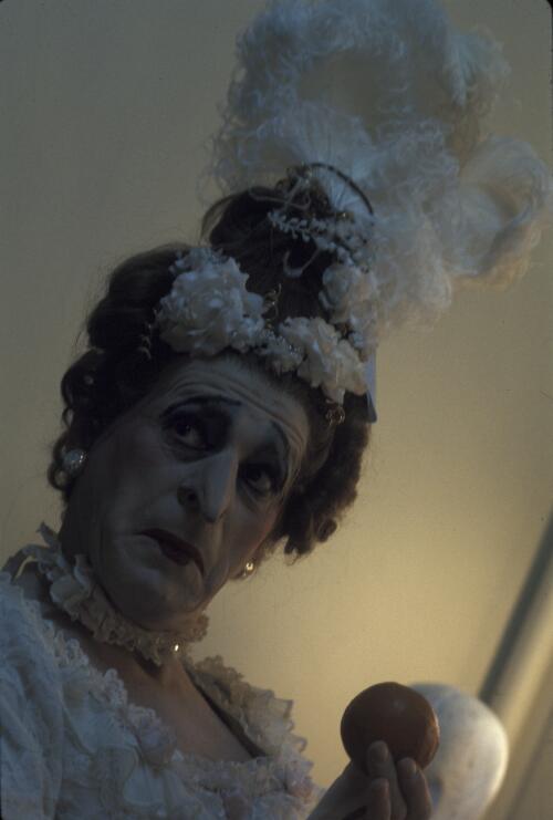 Colin Peasley in costume and make-up for the role of the younger Ugly Sister in the Australian Ballet production of 'Cinderella', Palais Theatre, Melbourne, 1973, [2] [transparency] / Walter Stringer
