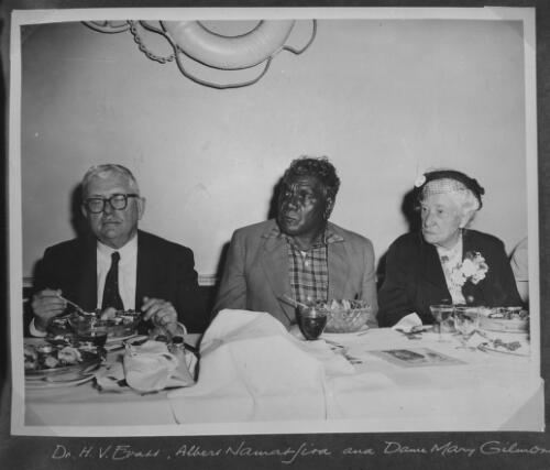 Dr. H.V. Evatt, Albert Namatjira with Dame Mary Gilmore having a meal [picture]