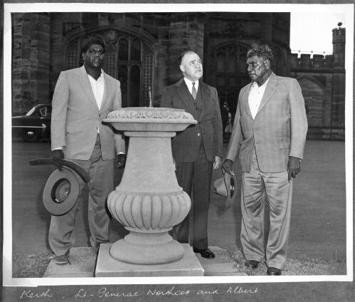 Albert Namatjira and Keith Namatjira with General Northcott standing outside the Government House, Sydney [1] [picture]