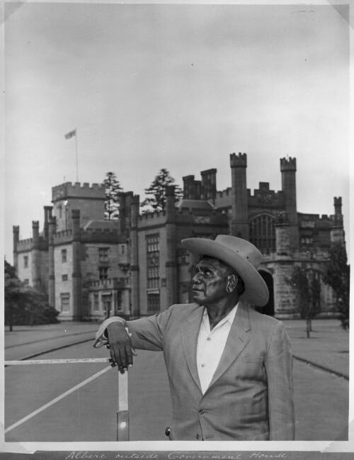 Albert Namatjira standing outside the Government House, Sydney [picture]