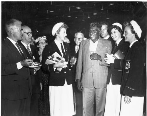 Albert Namatjira with Olympic athletes Betty Cuthbert, Marlene Mathews and Gloria Cook [2] [picture]