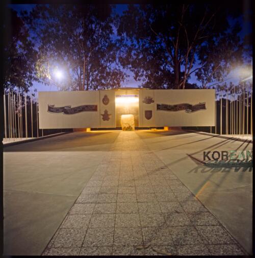 Australian National Korean War Memorial, pictured at night, Anzac Parade, Canberra, 2002 [transparency] / Damian McDonald