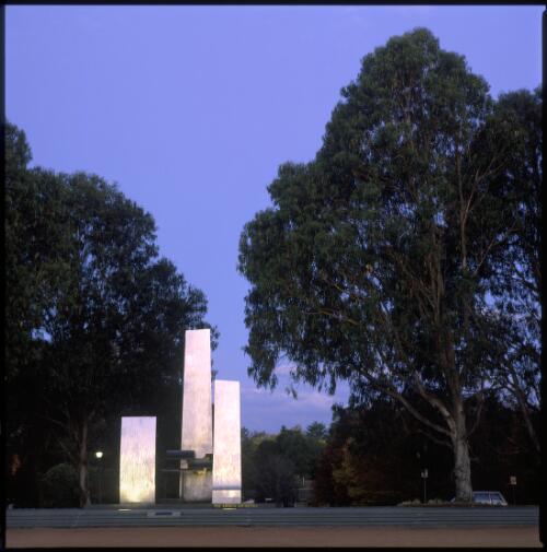 Royal Australian Air Force Memorial, pictured at night, Anzac Parade, Canberra, 2002 [2] [transparency] / Damian McDonald