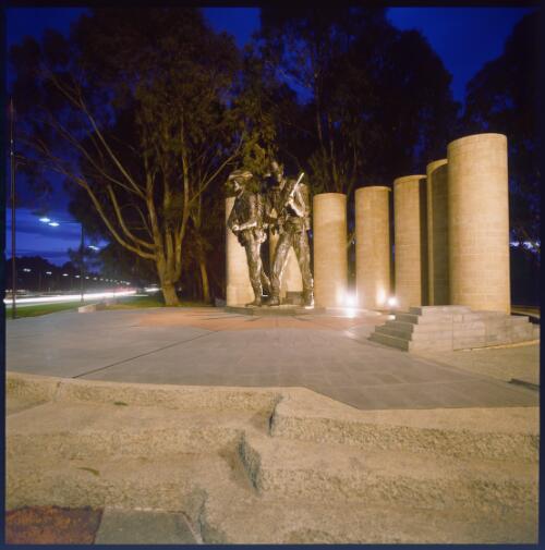 Australian Army National Memorial, pictured at night, Anzac Parade, Canberra, 2002, [2] [transparency] / Damian McDonald