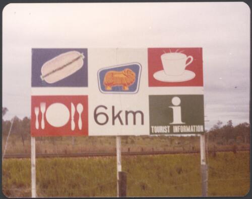 View of a sign advertising a Golden Fleece service station six kilometres up the highway, Queensland [picture]