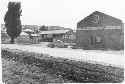 A general view of the Cooma depot from Sharp Street with the Producers Cooperative Distributing Society building on the right, April, 1954 [picture]