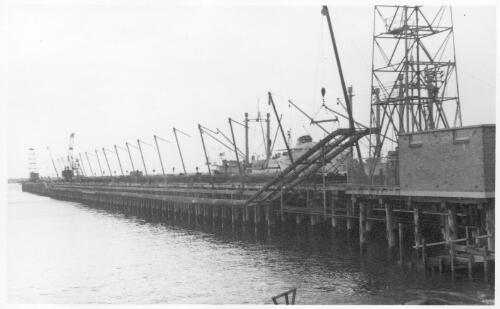 View of an underwater pipeline being lowered using a series of small cranes at the no.6 jetty at the Port Kembla shipping terminal, 21 March, 1959 [1] [picture]