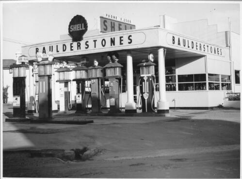 Baulderstones Shell service station with manual pumps, September, 1950 [picture]