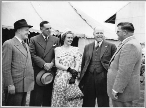 From left to right, Mr. S. Thorpe, Mr. Baggot Snr., Mrs. Spencer Baggot, Mr. L. Bedford and Mr. Arthur Morgan during the opening of the Birkenhead terminal, 29 September, 1950 [picture]