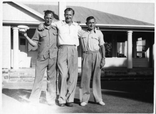 The trophy winners of the"OK" Callaghan Golf Cup, Left to right, W. Stockham, J. Flanagan and Tom Pain at the Glenelg Golf Course, South Australia, December, 1951 [picture]