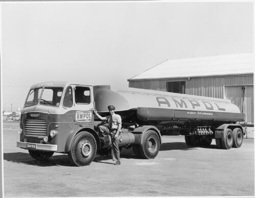 Driver J. Loughead poses beside the first 4000 gallon capacity Leyland road wagon purchased, South Australia, December, 1956 [picture]