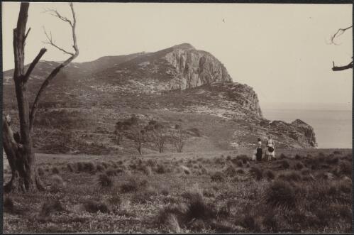 Two unidentified women looking towards lighthouse on summit of Deal Island, Tasmania [picture]