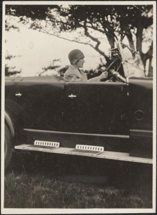 Henry Handel Richardson in her second car, an Armstrong-Siddeley, England, 1927