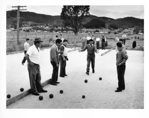 Bocca ball tournament in progress at the Savoy Club, Myrtleford, 1955 [picture] / [Jeff Carter]