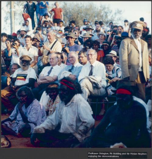 Professor Ovington, Mr. Holding and Sir Ninian Stephen enjoying the demonstrations [picture] / prepared by Media and Communications, Department of Aboriginal Affairs