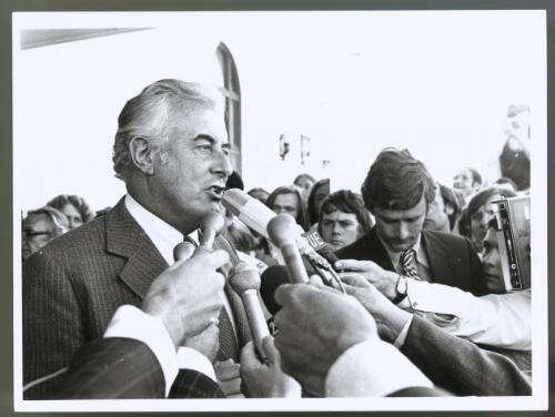 Mr Whitlam, speaks on the steps of Parliament House, Canberra, after his dismissal [picture] / Australian Information Service