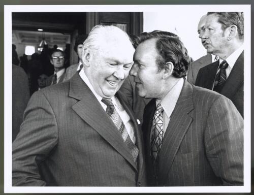[Doug McClelland speaking to Fred Daly, Parliament House, Canberra, 11 November 1975] [picture]